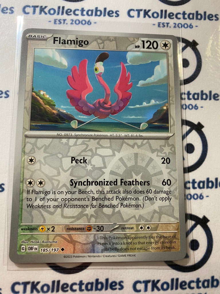 Flamigo Reverse Holo #185/197 2023 Obsidian Flames Pokemon Card Flamigo Reverse Holo #185/197 2023 Obsidian Flames Pokemon Card