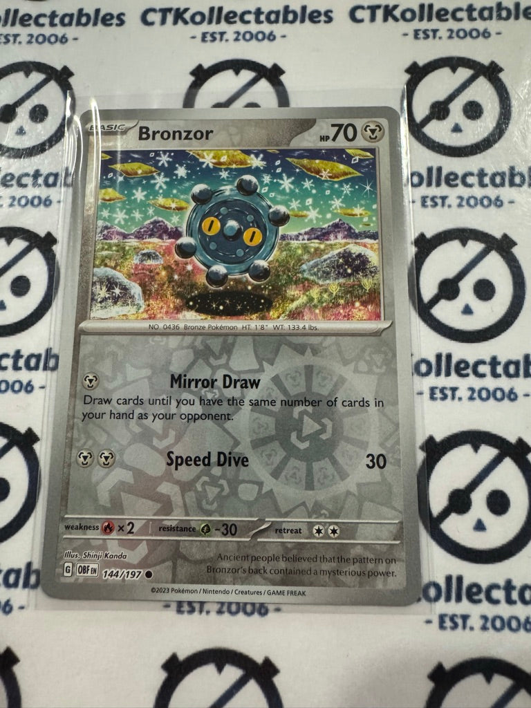 Bronzor Reverse Holo #144/197 2023 Obsidian Flames Pokemon Card