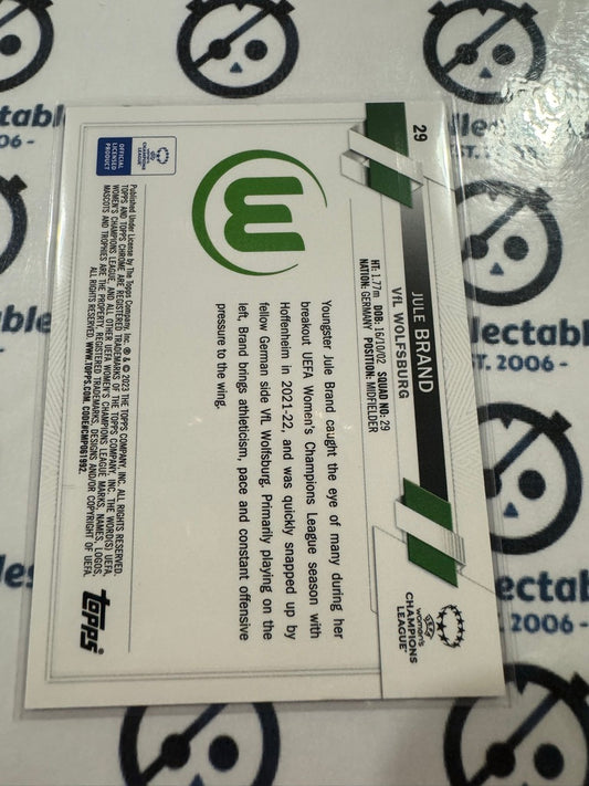 2022-23 Topps Chrome UEFA Women’s Soccer #29 Jule Brand RC Aqua Prism