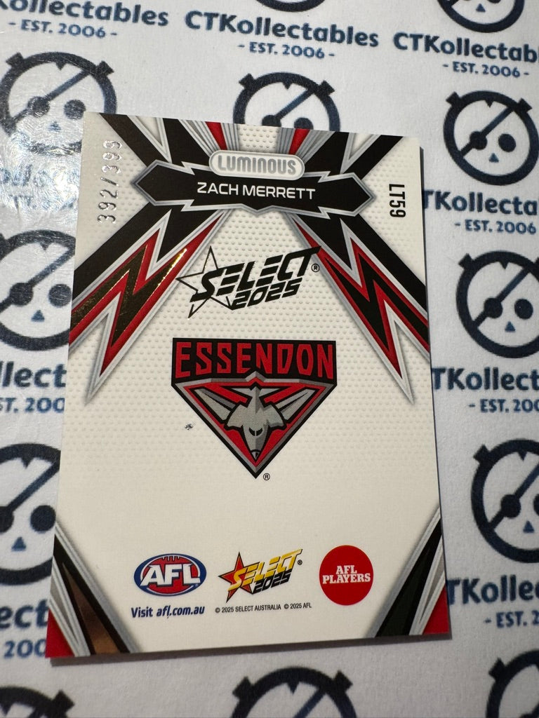 2025 AFL Footy Stars Luminous Lightning Gold Zach Merrett #392/399 Bombers LT59