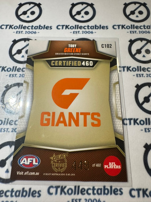 2016 AFL Select Certified Certified 460 Toby Greene #449/460 #C102 Giants