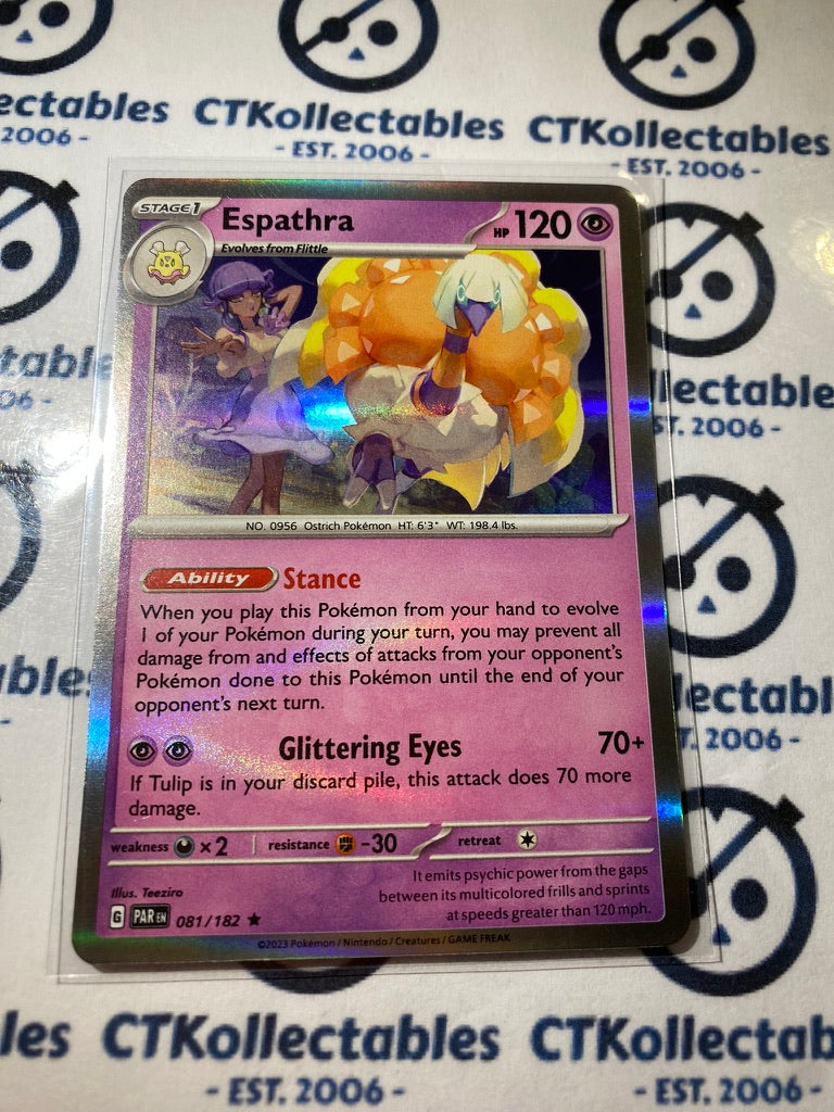 Espathra Holo Rare #081/182 2023 Scarlet & Violet Paradox Rift Pokmon CTKollectables Espathra Holo Rare #081/182 2023 Scarlet & Violet Paradox Rift Pokmon CTKollectables
