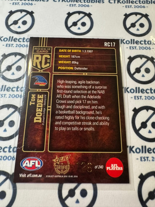 2016 AFL Select Certified Tom Doedee #126/240 Rookie Card #RC17 Crows