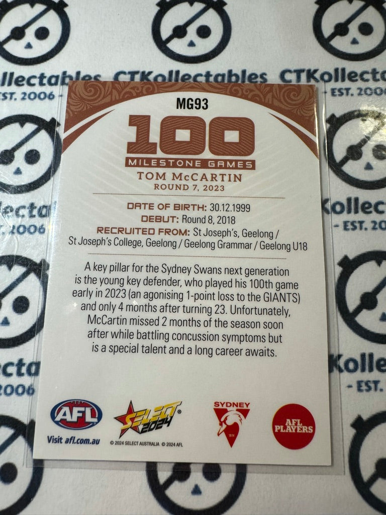 2024 AFL Footy Stars Milestone 100 Games - MG93 Tom McCartin Swans