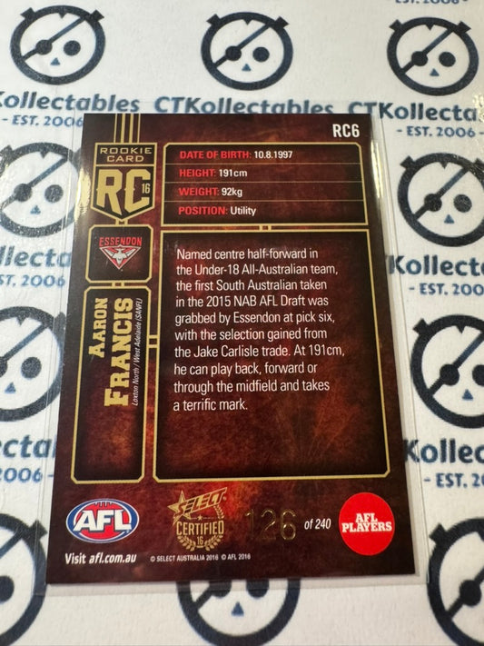 2016 AFL Select Certified Aaron Francis #126/240 Rookie Card #RC6 Bombers