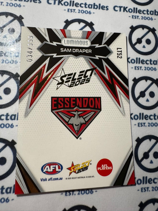 2025 AFL Footy Stars Luminous Lightning Gold Sam Draper #034/399 Bombers LT52