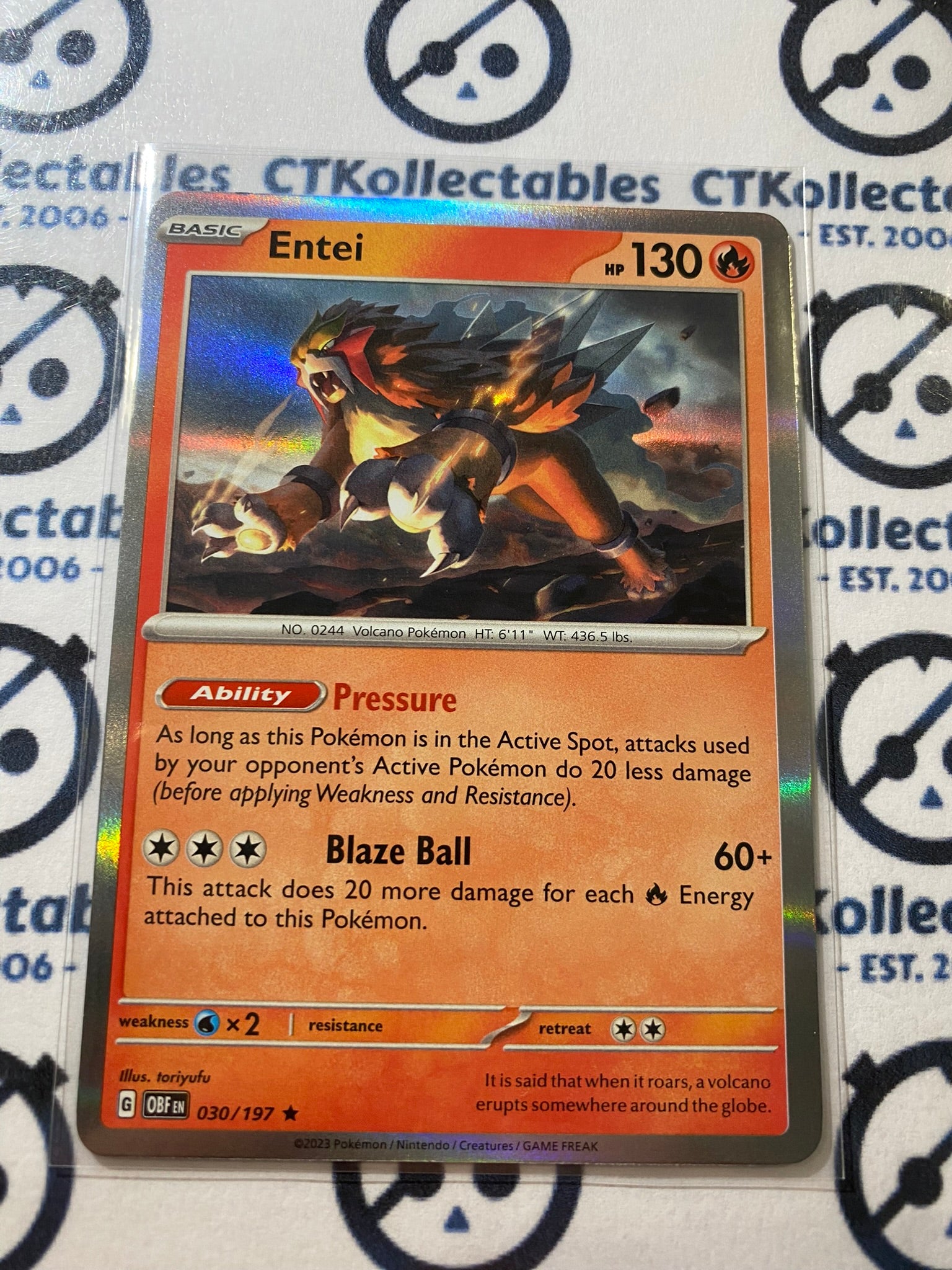 Entei Holo Rare #030/197 2023 Obsidian Flames Pokemon Card CTKollectables Entei Holo Rare #030/197 2023 Obsidian Flames Pokemon Card CTKollectables