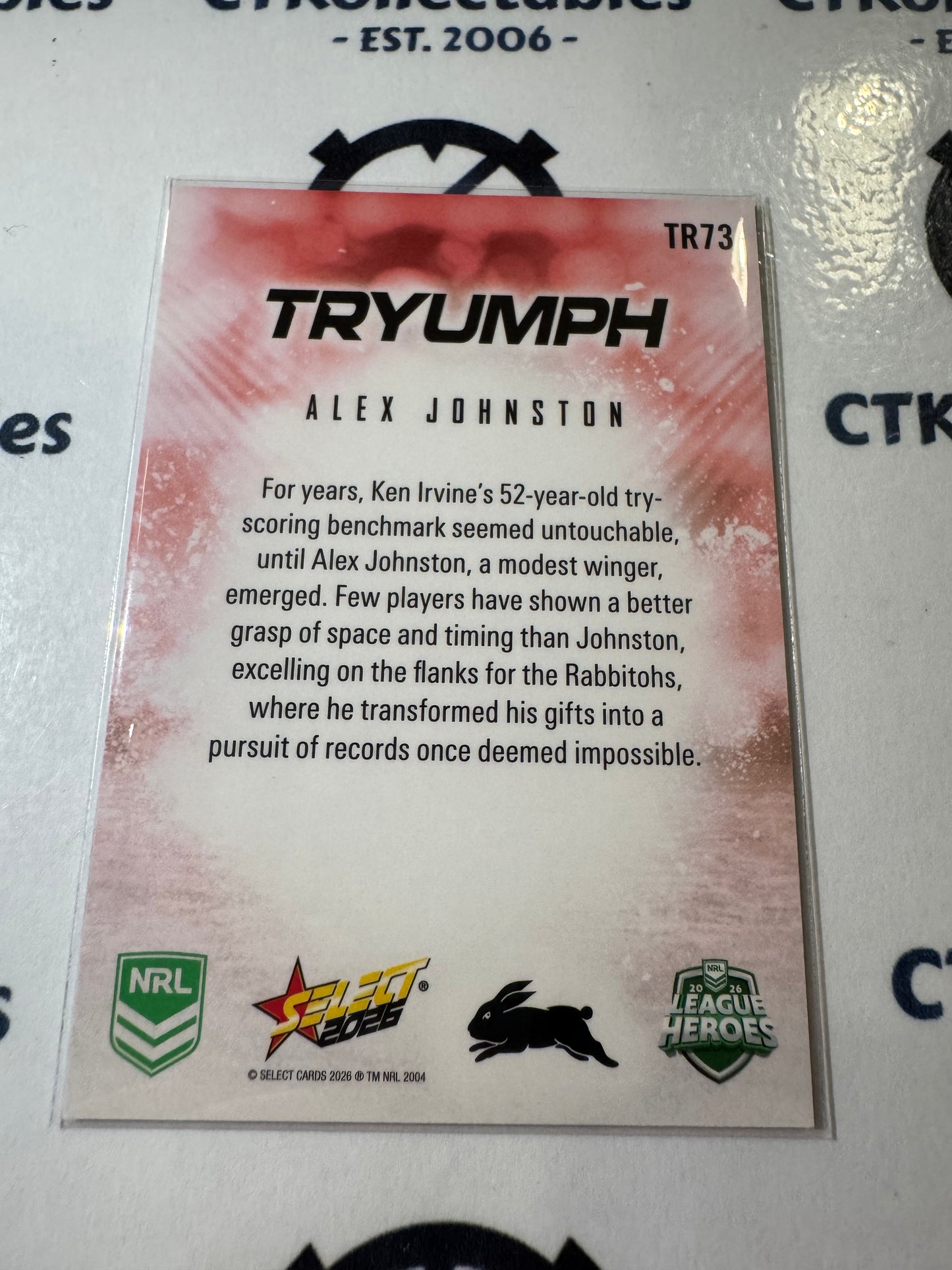 2026 Select NRL League Heroes Tryumph #TR73 Alex Johnston Rabbitohs