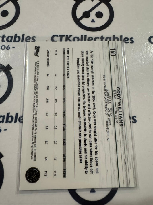 2024/25 Topps NBA Chrome Cody Williams Rookie Base #160 Utah