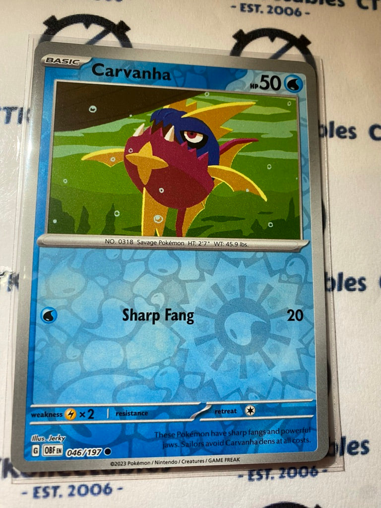 carvanha pokemon card value Carvanha Reverse Holo #046/197 2023 Obsidian Flames Pokemon Card