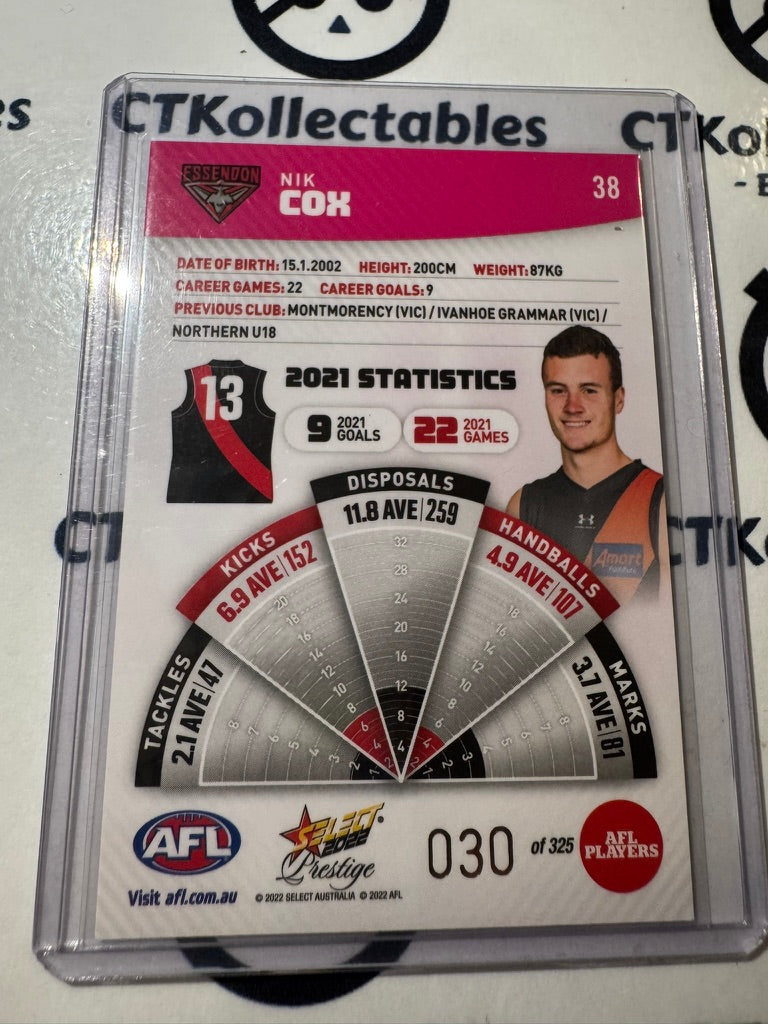 2022 AFL Footy Stars Prestige Nik Cox Pink Parallel #030/325 Bombers