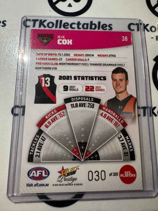2022 AFL Footy Stars Prestige Nik Cox Pink Parallel #030/325 Bombers