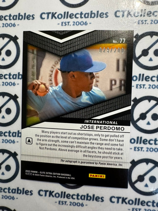 2023 Panini Baseball Elite Extra #029/200 Jose Perdomo Prime Numbers Auto