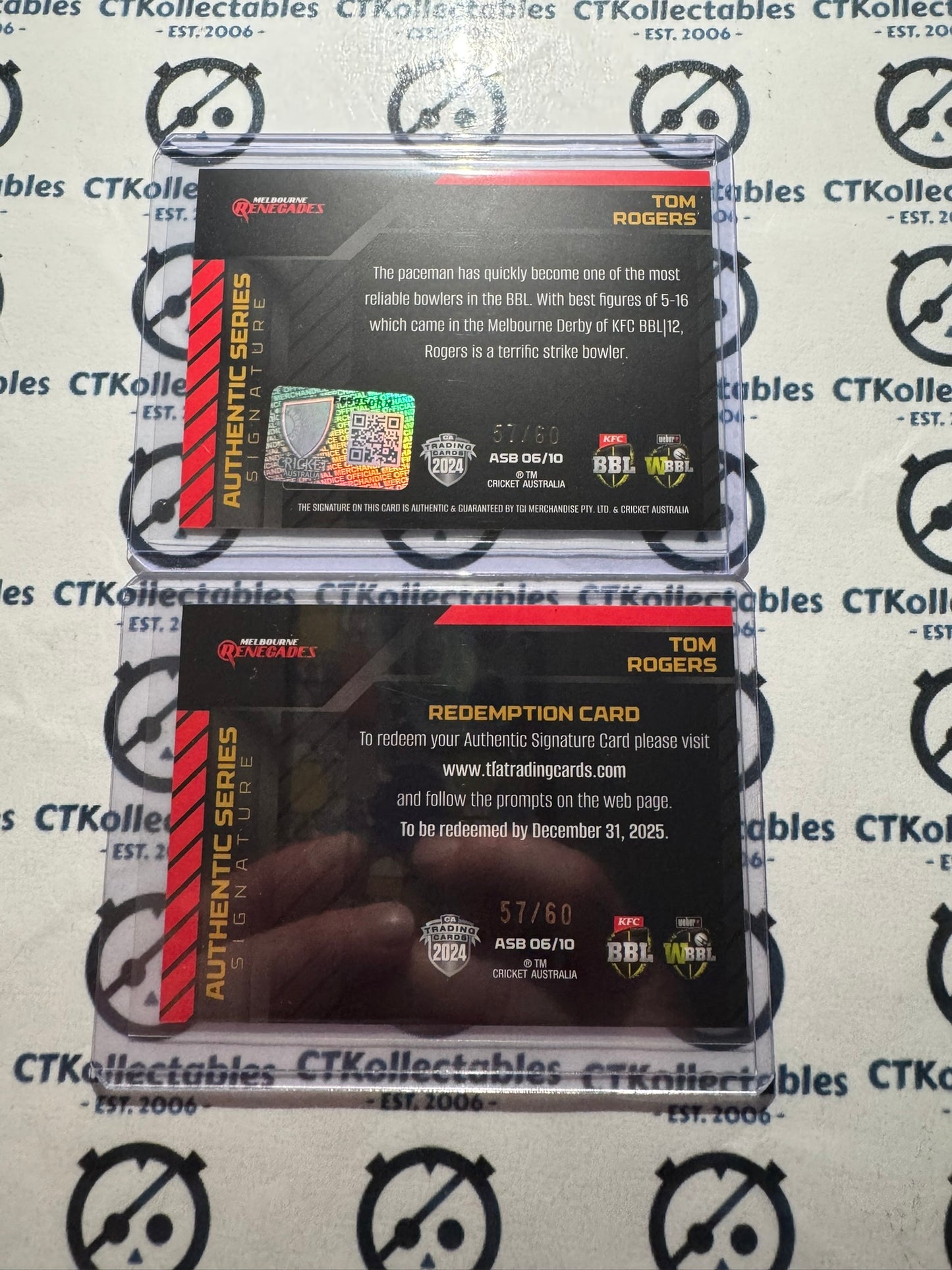 2024/25 TLA Cricket Tom Rogers Authentic Team Signature Black #57/60 Renegades