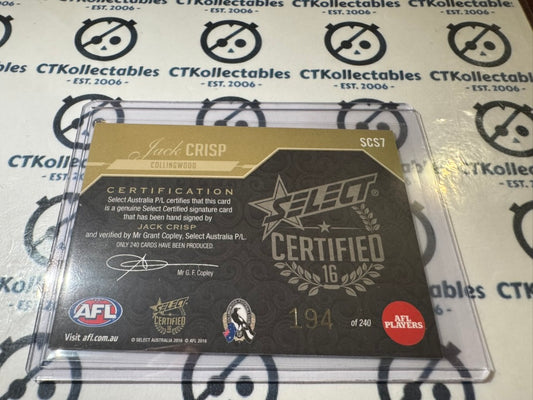 2016 AFL Select Certified Jack Crisp Certified Signature SCS7 #194/240 Magpies