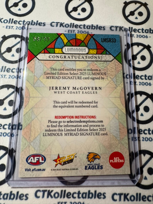 2025 AFL Footy Stars Luminous Jeremy McGovern Myriad Signature #58/99 Eagles