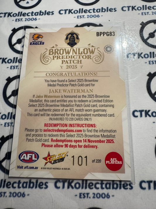 2025 AFL Footy Stars Brownlow Predictor Patch Jake Waterman Gold #101/220 Eagles