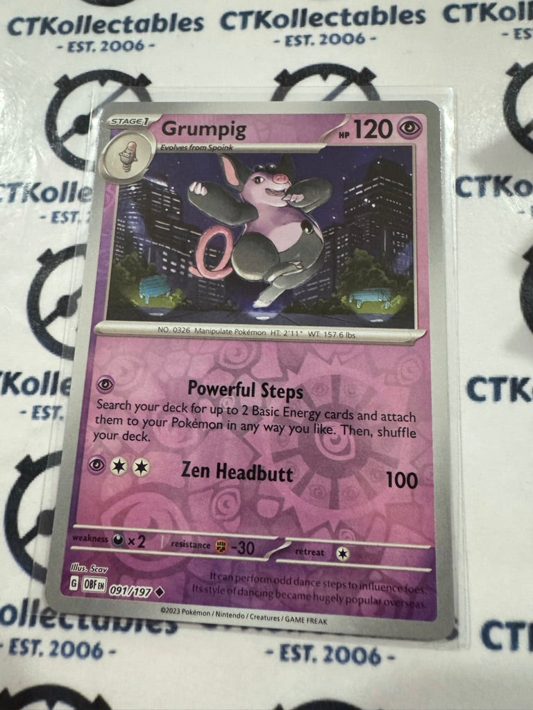Grumpig Reverse Holo #091/197 2023 Obsidian Flames Pokemon Card