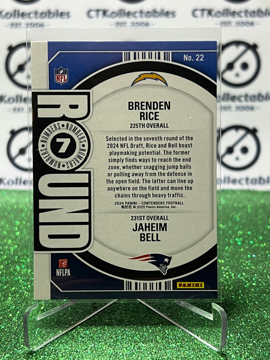 2024 PANINI CONTENDERS BRENDEN RICE CHARGERS / JAHEIM BELL PATRIOTS # 22 RC ROUND NUMBERS NFL GRIDIRON CARD