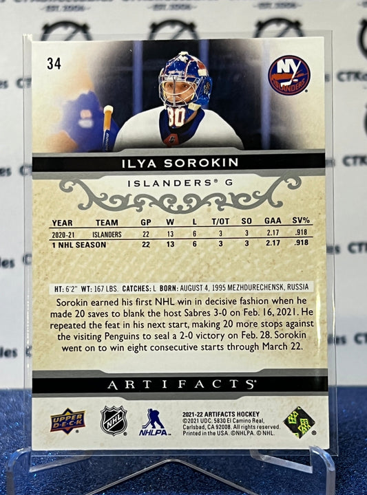 2021-22 UPPER DECK ARTIFACTS ILYA SOROKIN # 34 SILVER ROOKIE NEW YORK ISLANDERS HOCKEY CARD