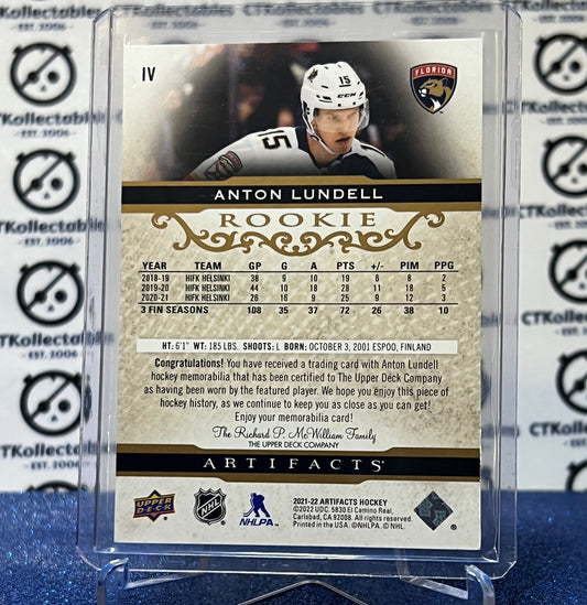 2021-22 UPPER DECK ARTIFACTS ANTON LUNDELL # IV PATCH ROOKIE /399 FLORIDA PANTHERS HOCKEY CARD