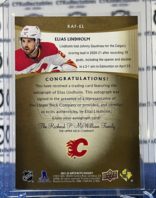 2021-22 UPPER DECK ARTIFACTS ELIAS LINDHOLM # RAF-EL AUTOGRAPH HOCKEY NHL CALGARY FLAMES CARD