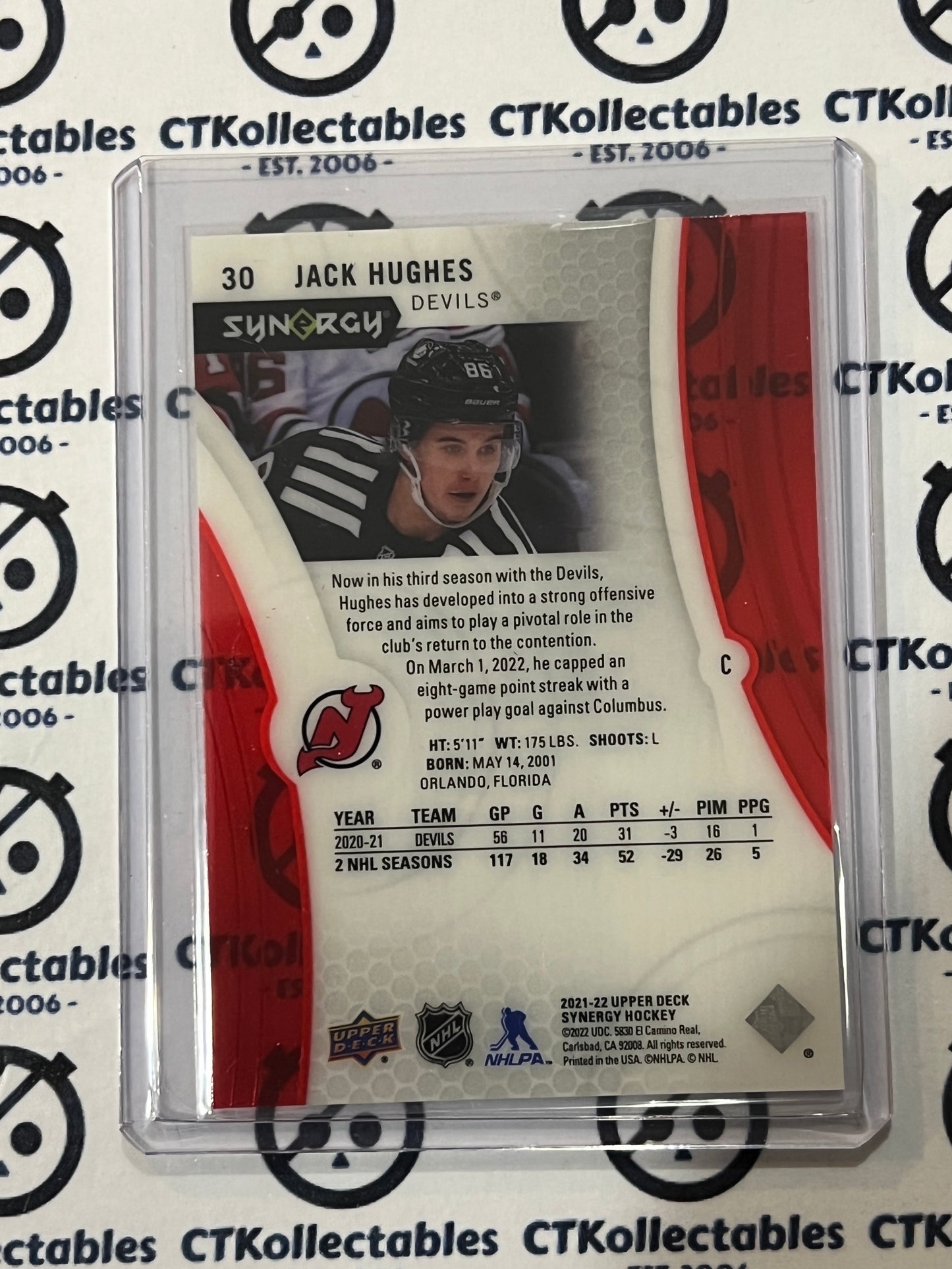 2021-22 UPPER DECK SYNERGY JACK HUGHES # 30 NEW JERSEY DEVILS NHL HOCKEY TRADING CARD