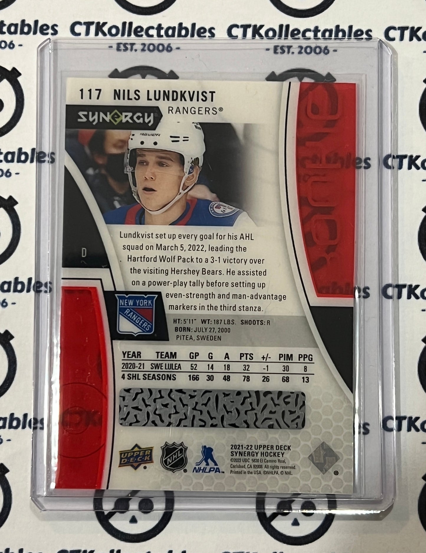 2021-22 UPPER DECK SYNERGY NILS LUNDKVIST # 117 ROOKIE CODE NEW YORK RANGERS NHL HOCKEY CARD