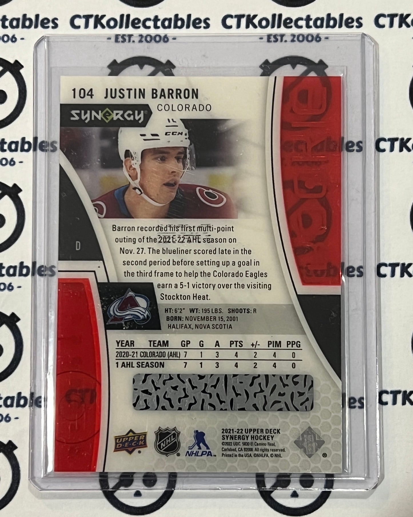 2021-22 UPPER DECK SYNERGY JUSTIN BARRON # 104 ROOKIE CODE COLORADO AVALANCHE NHL HOCKEY TRADING CARD