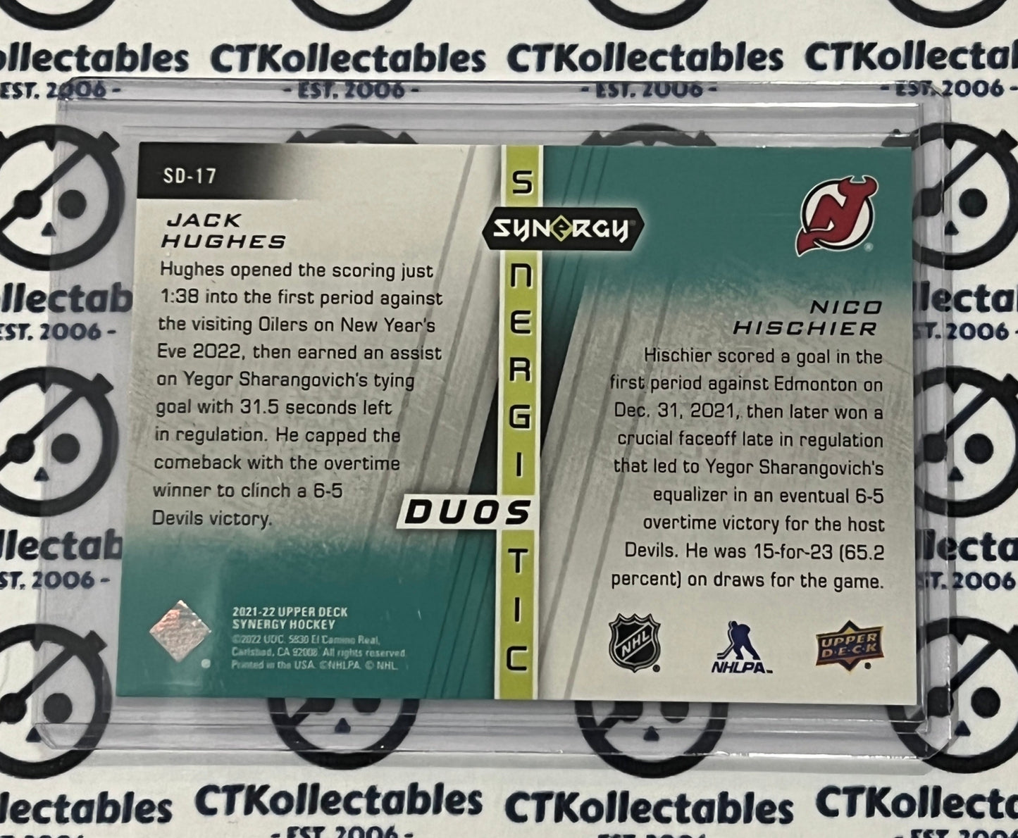2021-22 UPPER DECK SYNERGY HUGHES HISCHIER # SD-17 DUOS /999 NEW JERSEY DEVILS NHL HOCKEY TRADING CARD