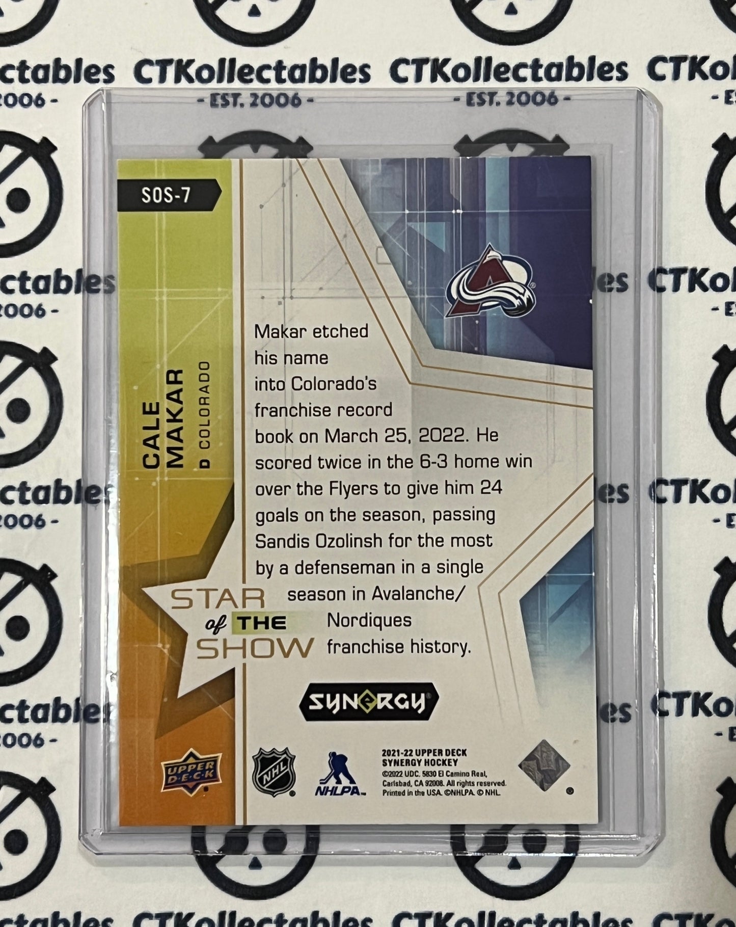 2021-22 UPPER DECK SYNERGY CALE MAKAR # SOS-7 STAR OF THE SHOW COLORADO AVALANCHE NHL HOCKEY TRADING CARD