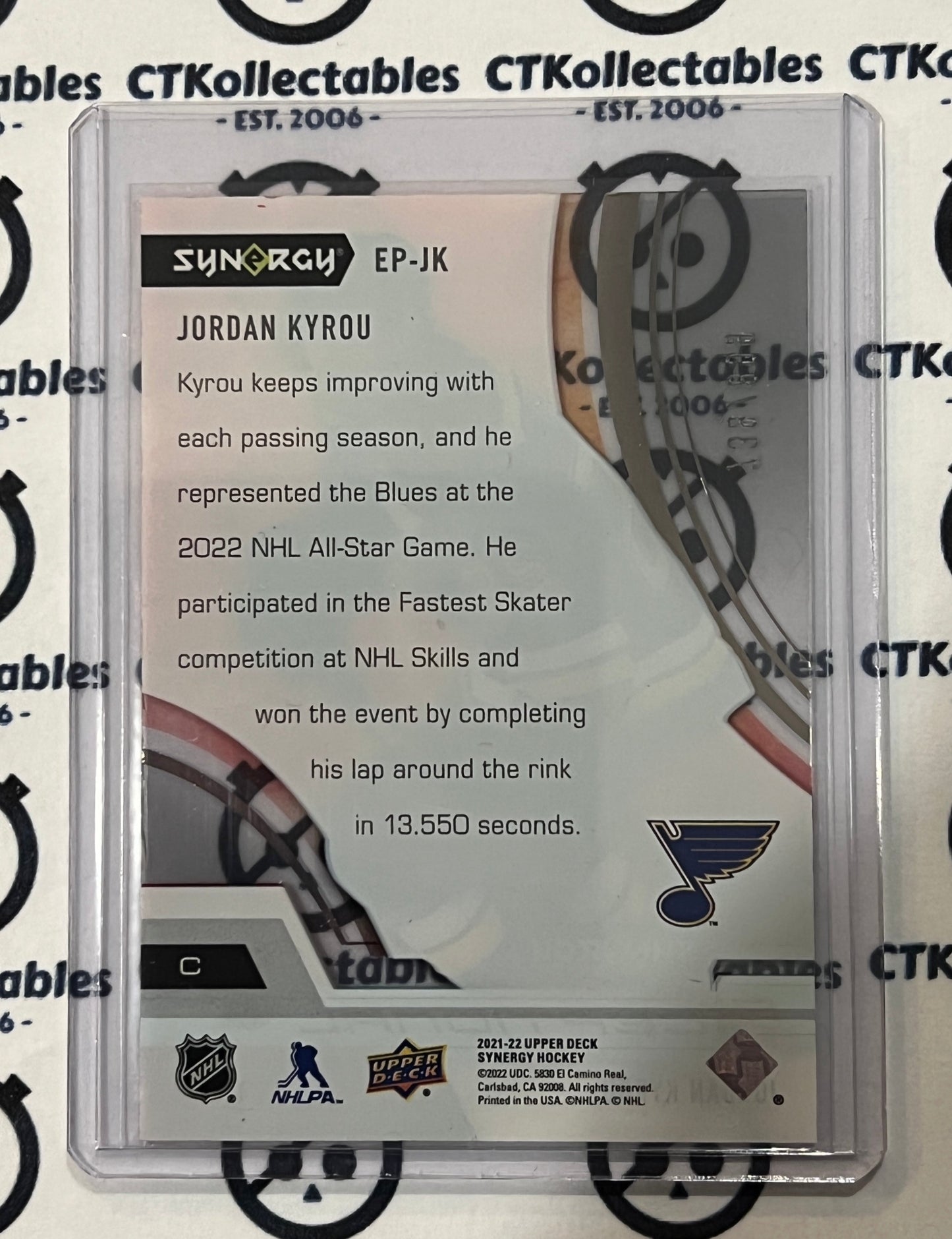 2021-22 UPPER DECK SYNERGY JORDAN KYROU # EP-JK EXCEPTIONAL PHENOMS /899 ST. LOUIS BLUES HOCKEY CARD