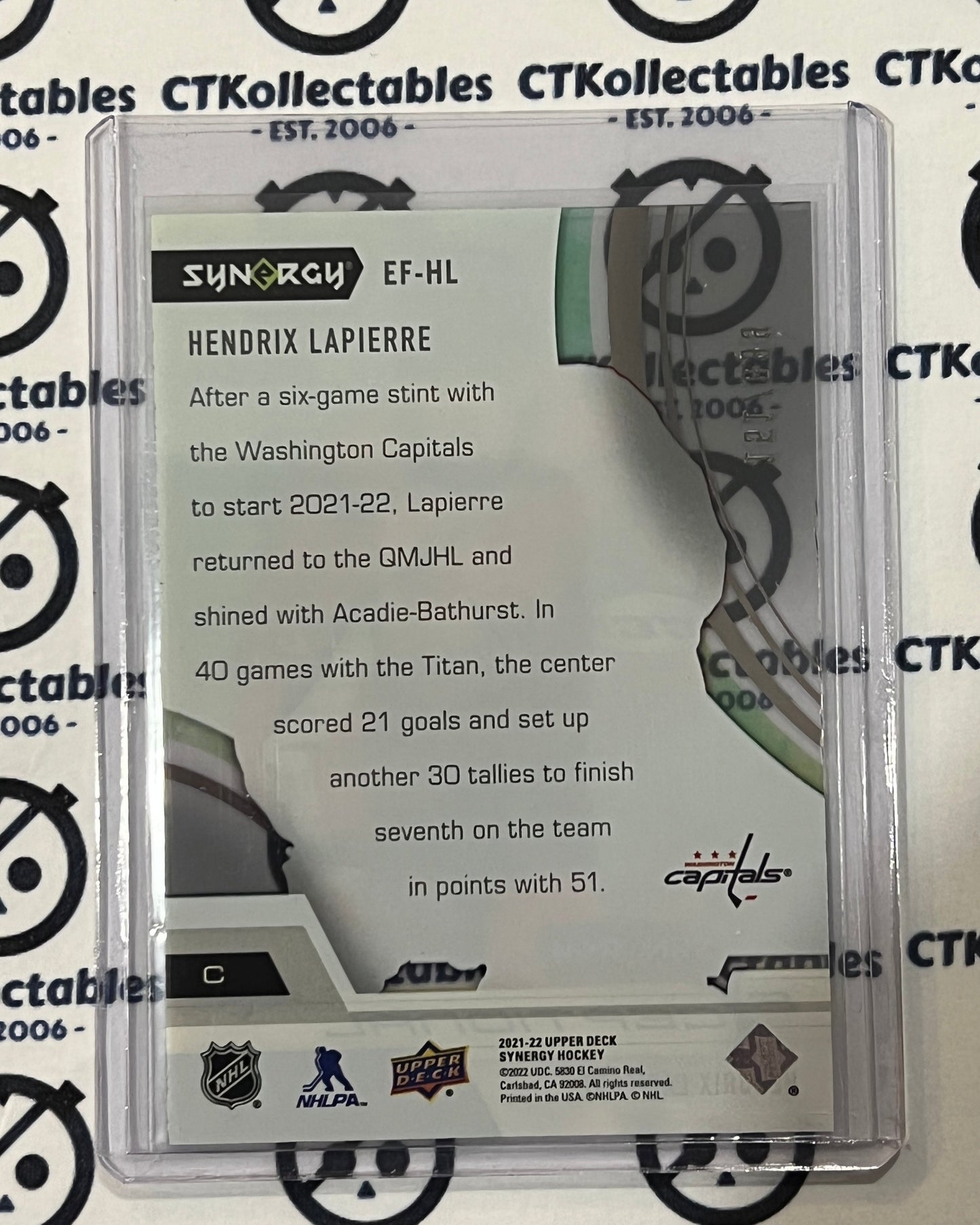 2021-22 UPPER DECK SYNERGY HENDRIX LAPIERRE # EF-HL EXCEPTIONAL FUTURES /899 WASHINGTON CAPITALS HOCKEY CARD