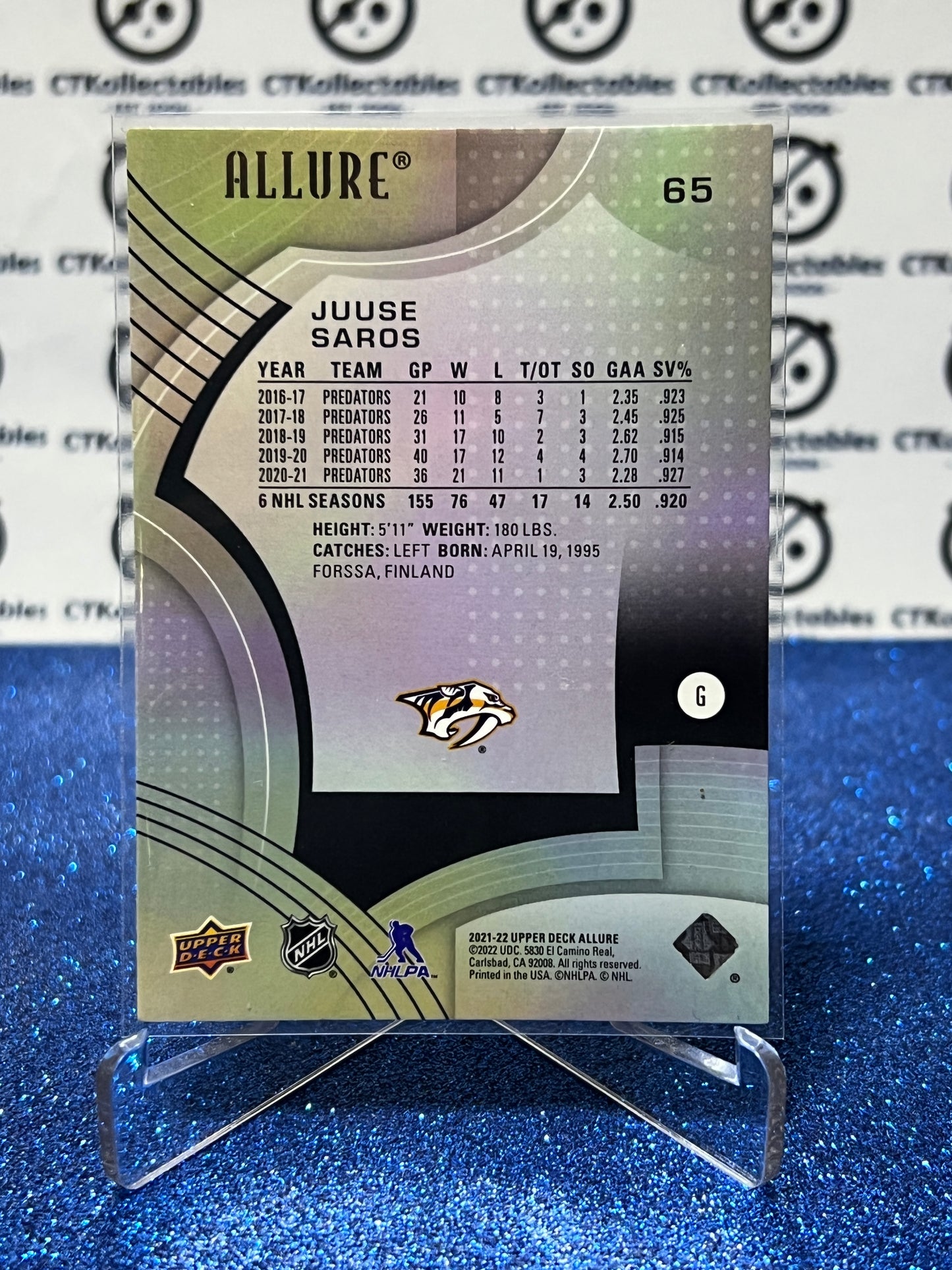 2021-22 UPPER DECK ALLURE JUUSE SARDS # 65 NASHVILLE PREDATORS NHL HOCKEY TRADING CARD