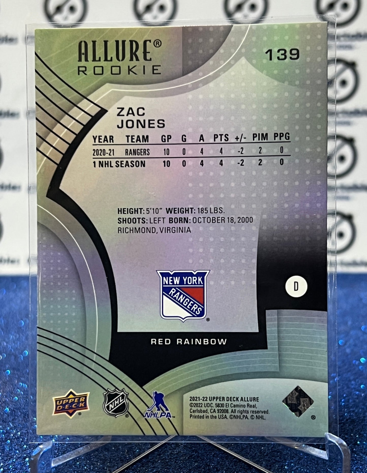 2021-22 UPPER DECK ALLURE ZAC JONES # 139 ROOKIE RED NEW YORK RANGERS NHL HOCKEY CARD