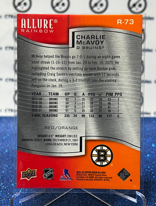 2021-22 UPPER DECK ALLURE CHARLIE McAVOY # R-73 RED/ORANGE RAINBOW BOSTON BRUINS HOCKEY CARD
