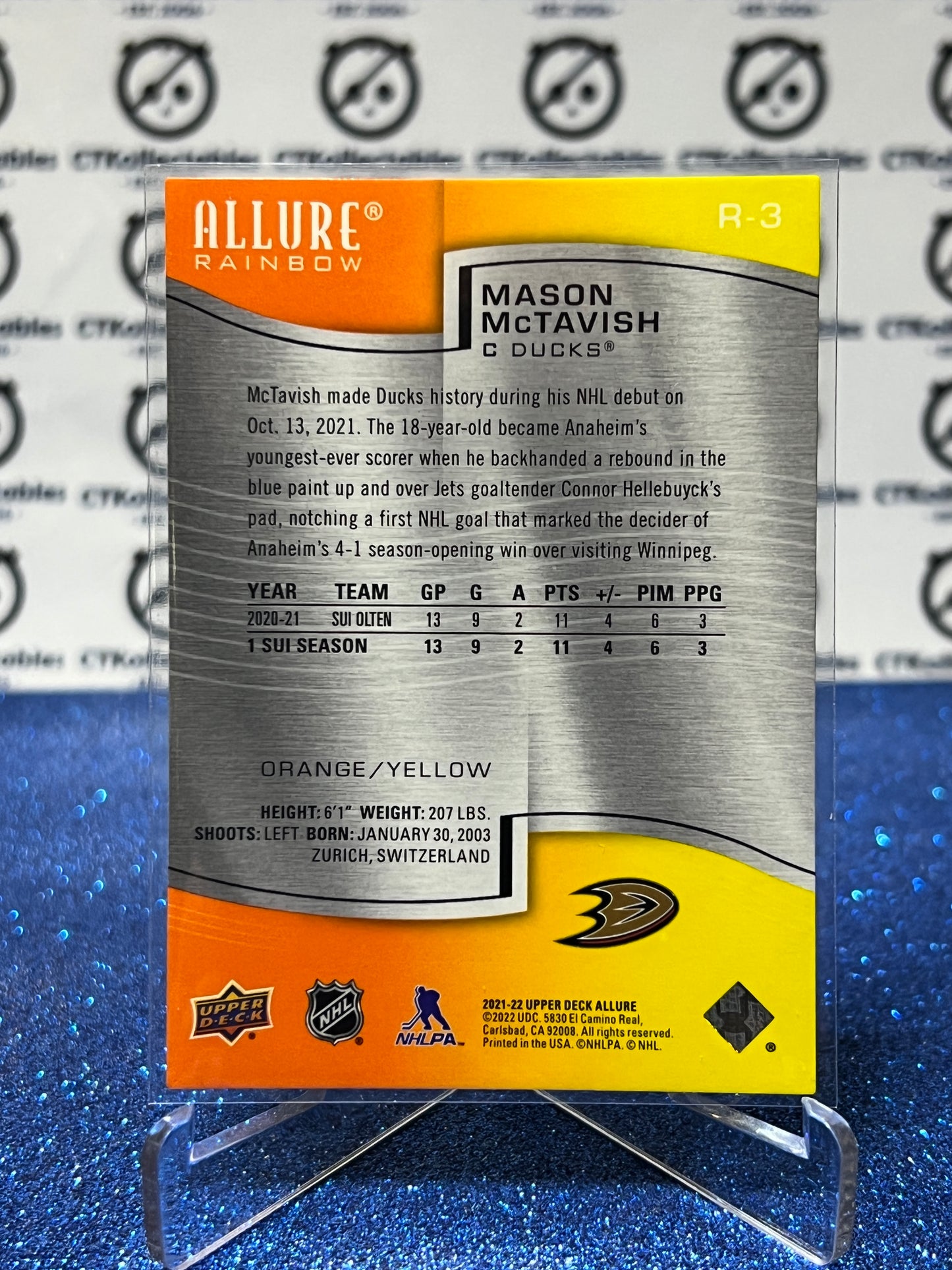 2021-22 UPPER DECK ALLURE MASON McTAVISH # R-3 ROOKIE ORANGE/YELLOW RAINBOW ANAHEIM DUCKS NHL HOCKEY CARD