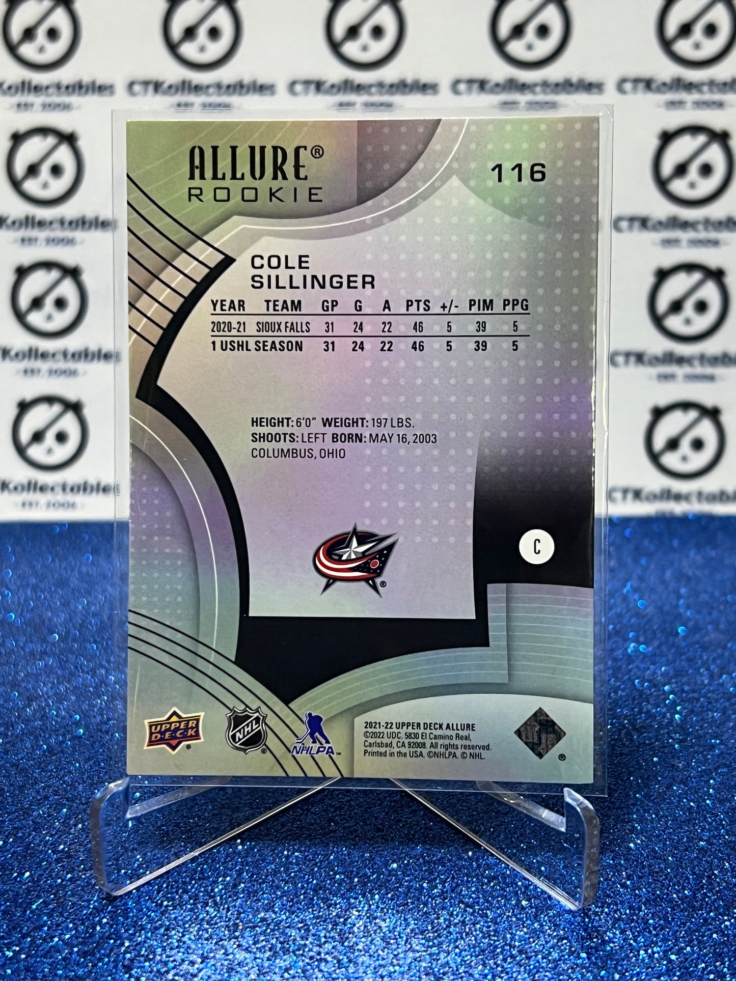 2021-22 UPPER DECK ALLURE COLE SILLINGER # 116 ROOKIE BLUE JACKETS HOCKEY CARD
