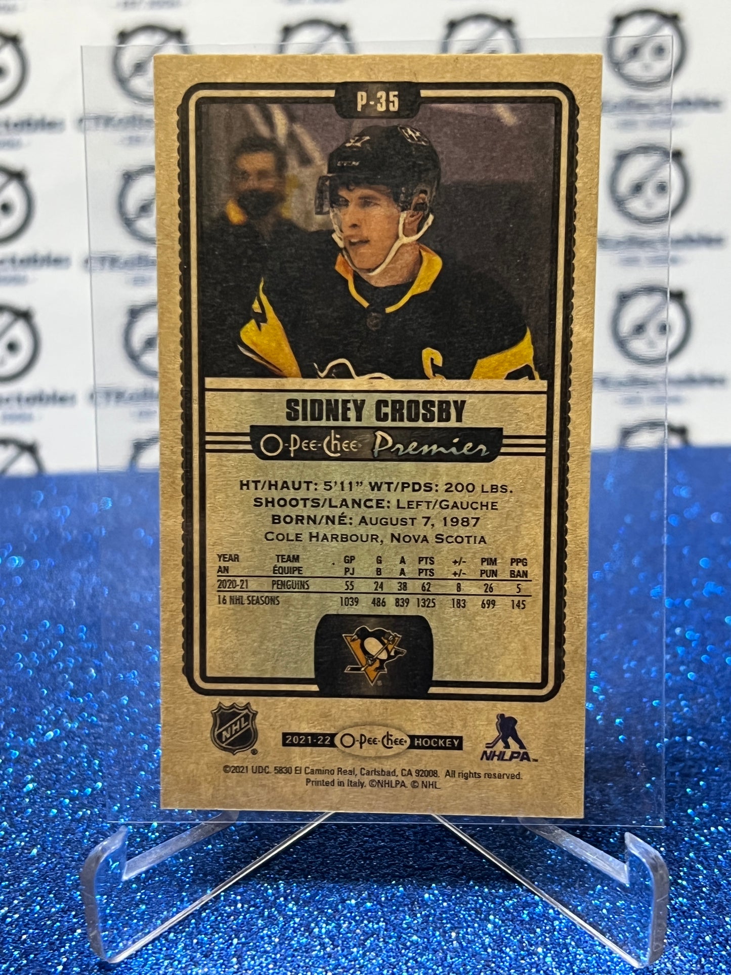 2021-22 O-PEE-CHEE SIDNEY CROSBY # P-35 PREMIER MINI TALLBOYS PITTSBURGH PENGUINS NHL HOCKEY CARD