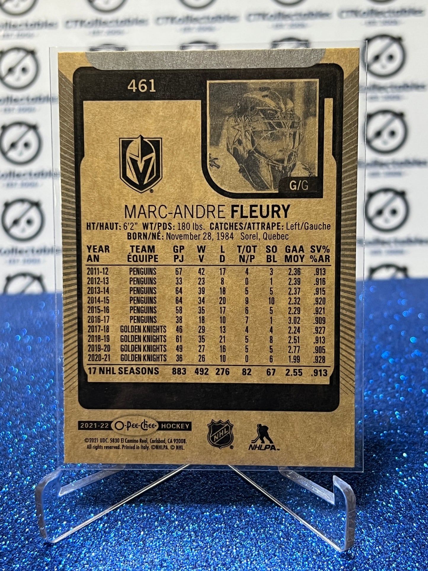 2021-22 O-PEE-CHEE MARC-ANDRE FLEURY # 461 NHL GOLDEN KNIGHTS HOCKEY CARD