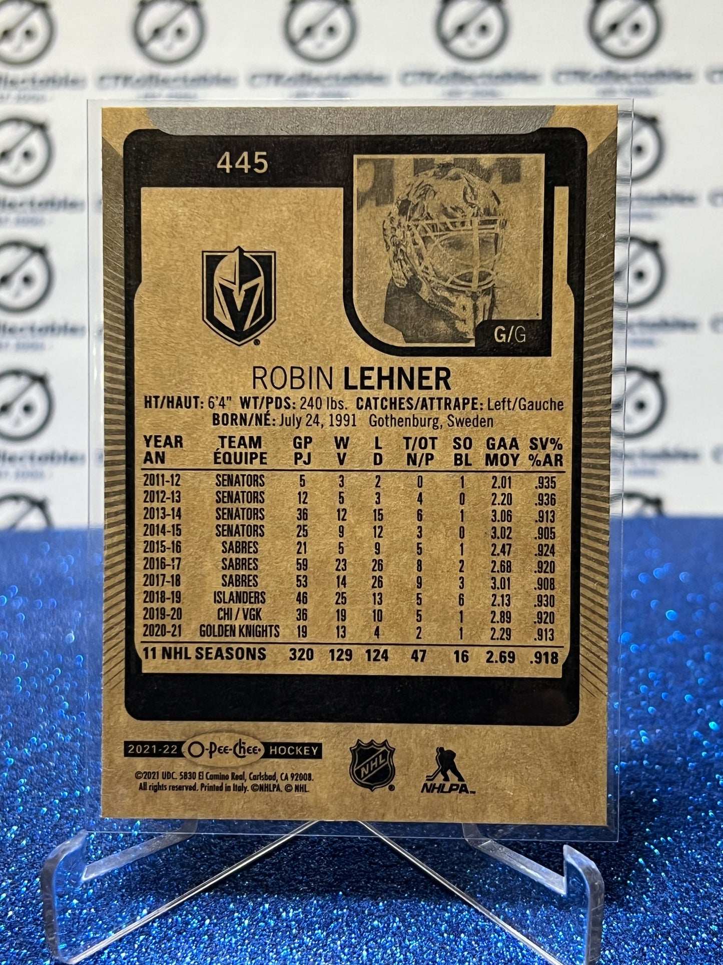 2021-22 O-PEE-CHEE ROBIN LEHNER # 445 NHL GOLDEN KNIGHTS HOCKEY CARD