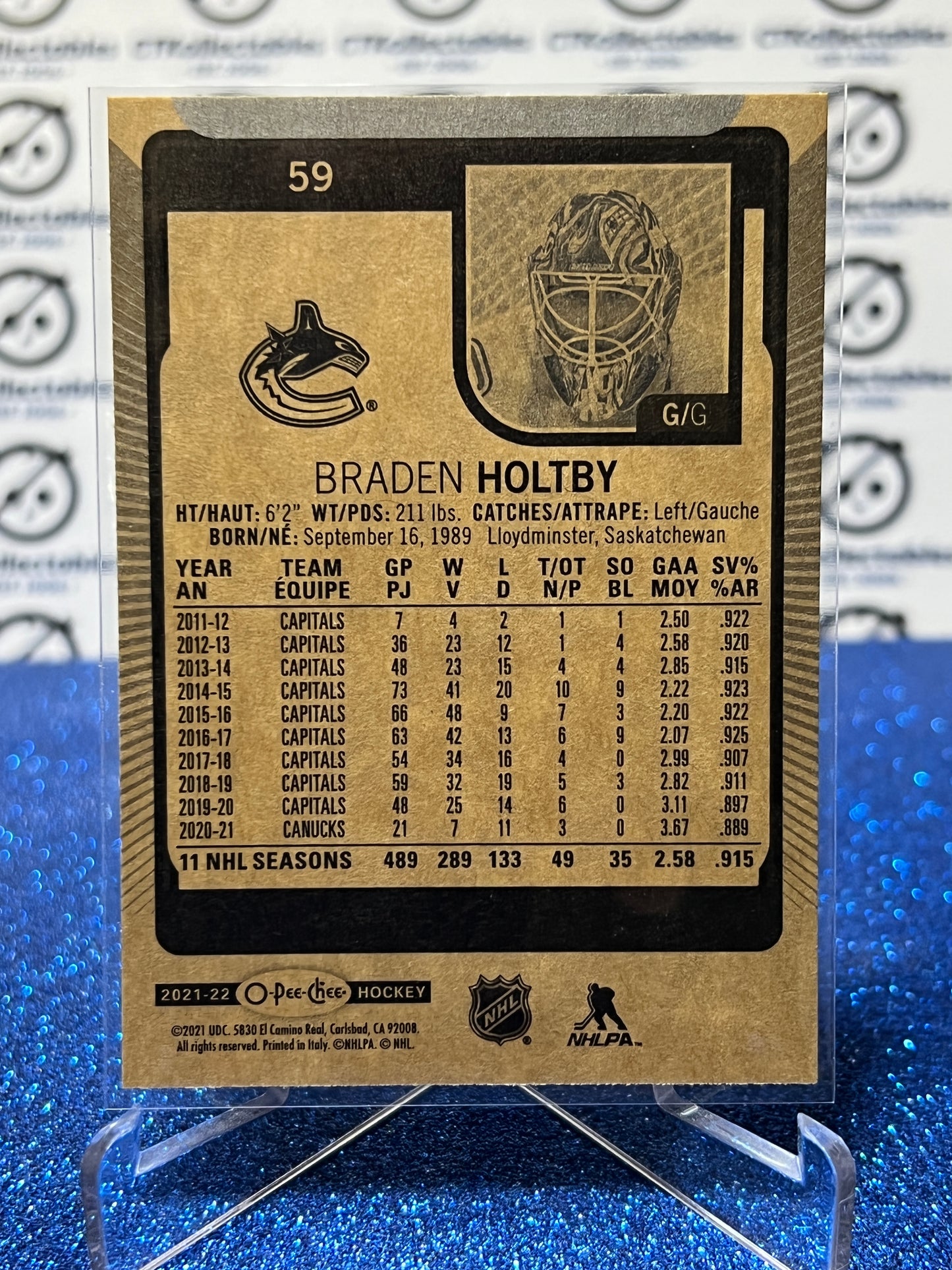 2021-22 O-PEE-CHEE BRADEN HOLTBY # 59 VANCOUVER CANUCKS NHL HOCKEY TRADING CARD