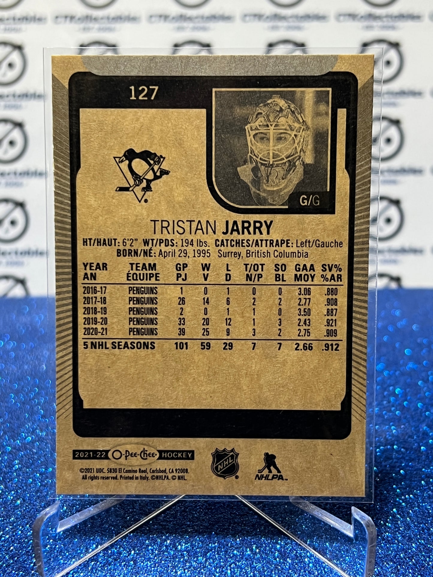 2021-22 O-PEE-CHEE TRISTAN JARRY # 127 PITTSBURGH PENGUINS NHL HOCKEY CARD