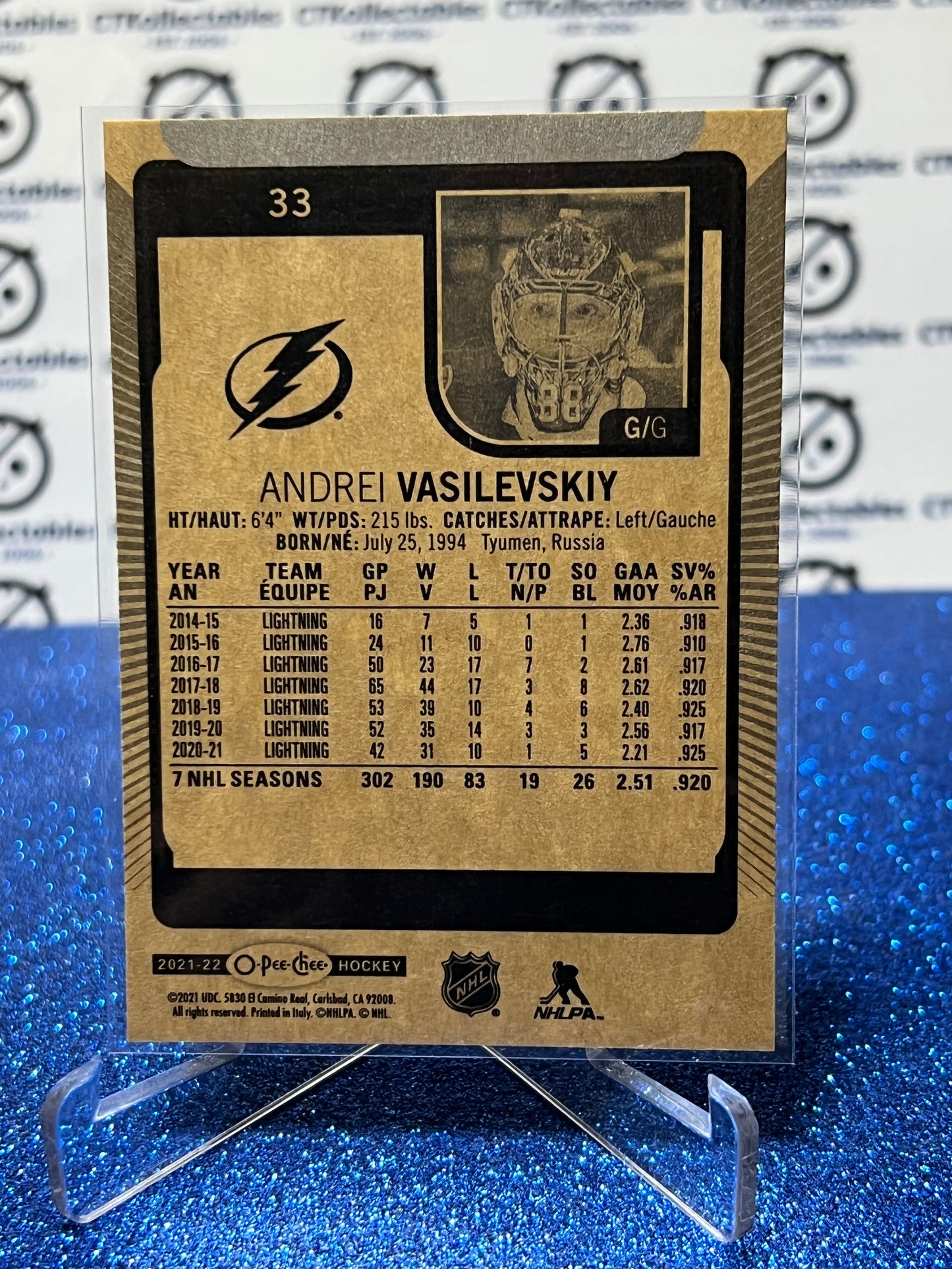 2021-22 O-PEE-CHEE ANDREI VASILEVSKIY # 33 TAMPA BAY LIGHTNING HOCKEY CARD