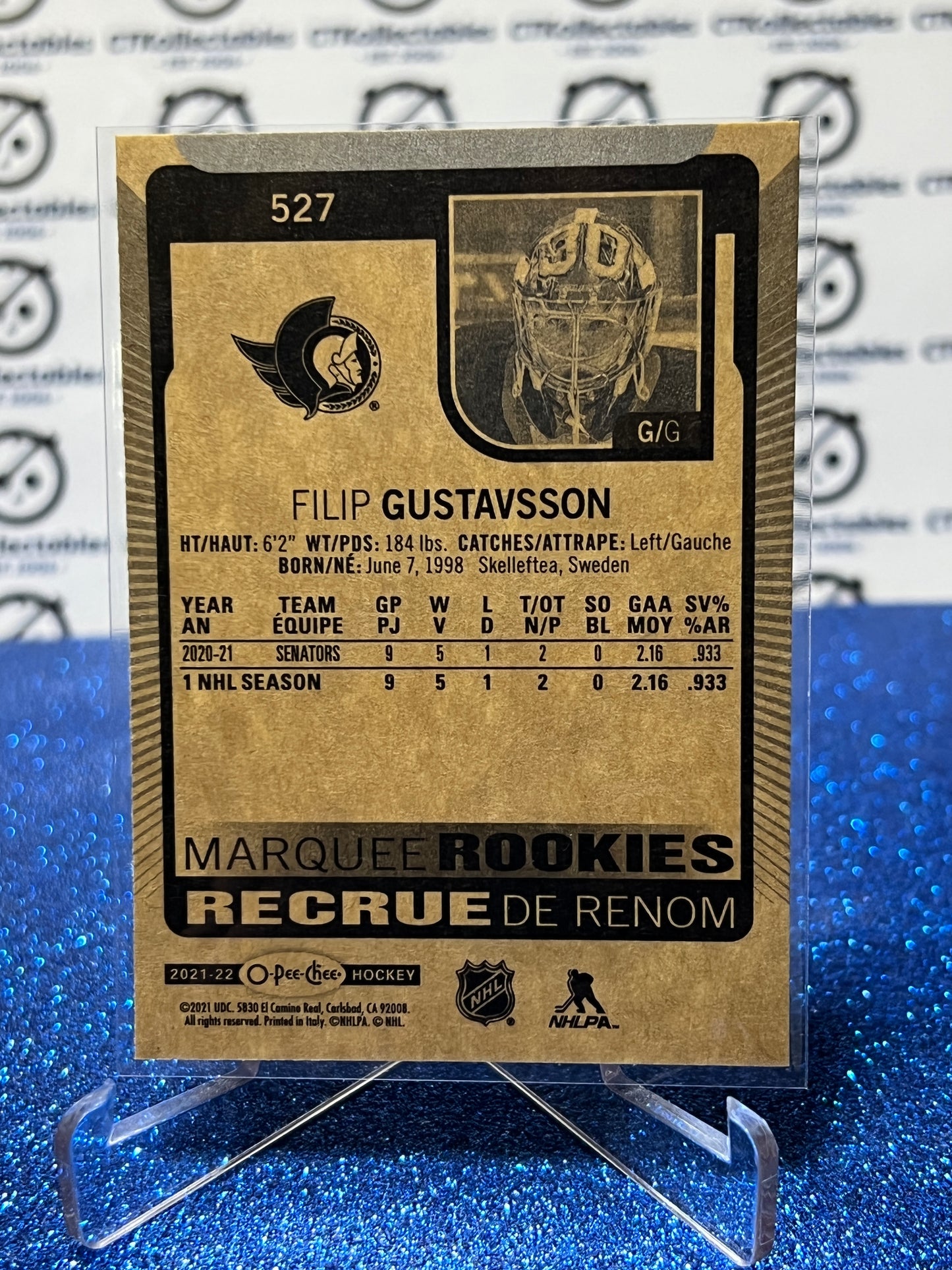 2021-22 O-PEE-CHEE FILIP GUSTAVSSON # 527 MARQUEE ROOKIE OTTAWA SENATORS NHL HOCKEY CARD