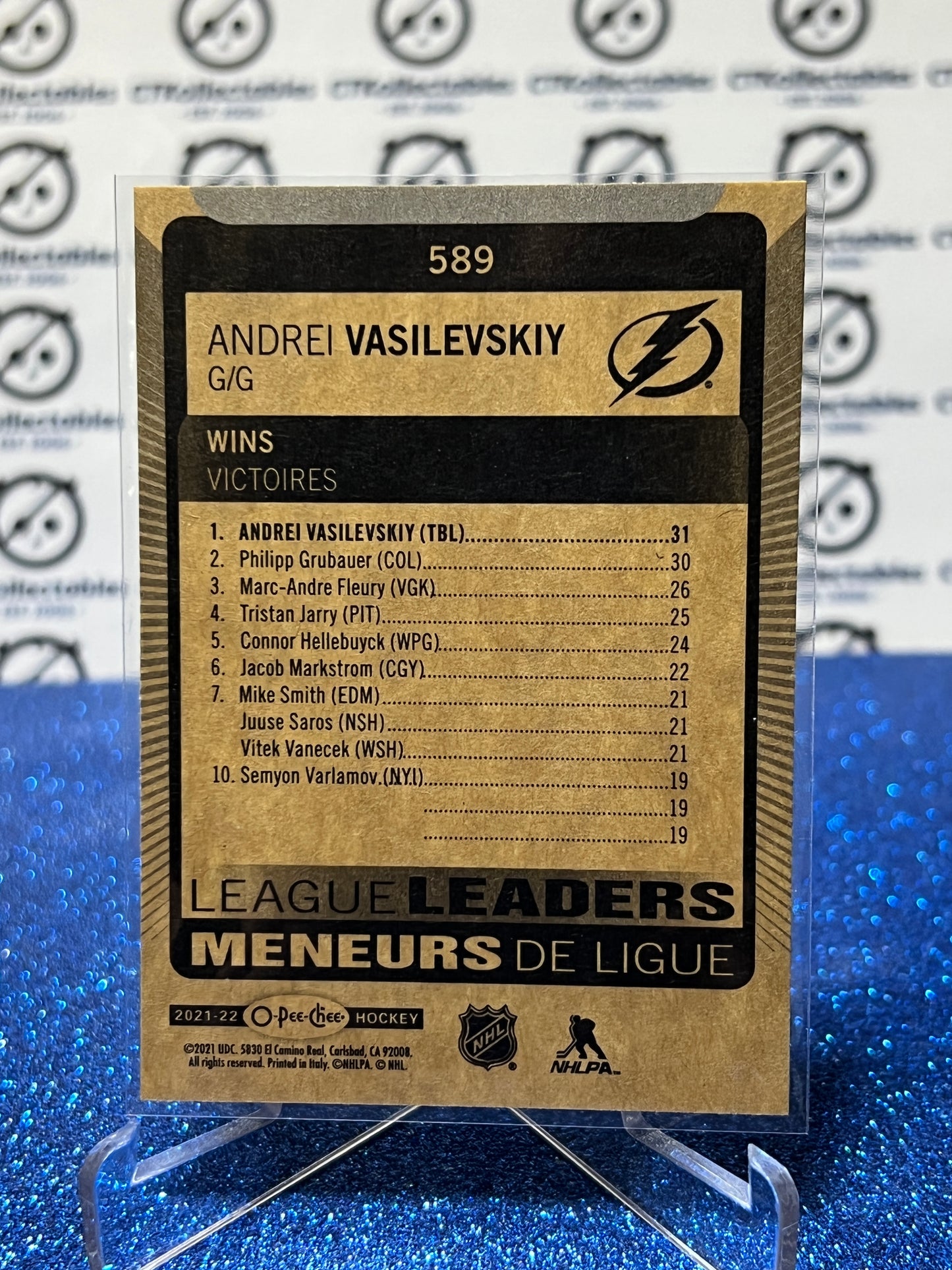 2021-22 O-PEE-CHEE ANDREI VASILEVSKIY # 589 LEAGUE LEADER TAMPA BAY LIGHTNING HOCKEY CARD