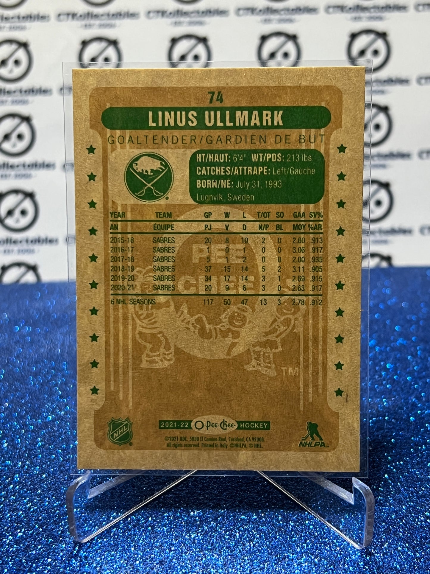 2021-22 O-PEE CHEE LINUS ULLMARK # 74 RETRO BUFFALO SABRES NHL HOCKEY TRADING CARD