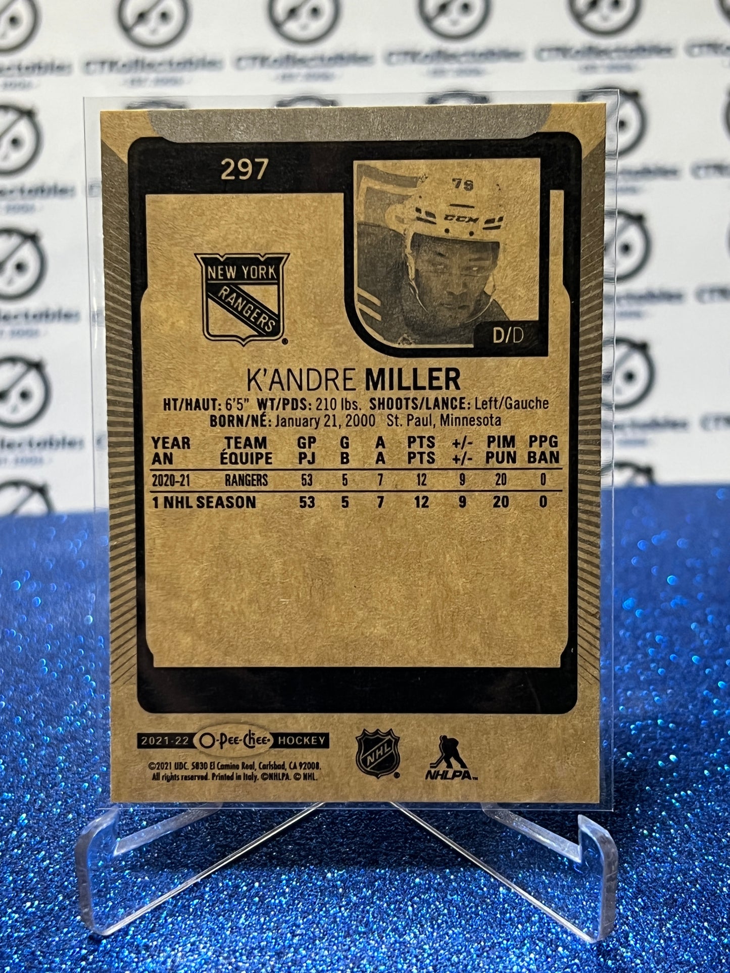 2021-22 O-PEE-CHEE K'ANDRE MILLER # 297 ROOKIE NEW YORK RANGERS NHL HOCKEY CARD