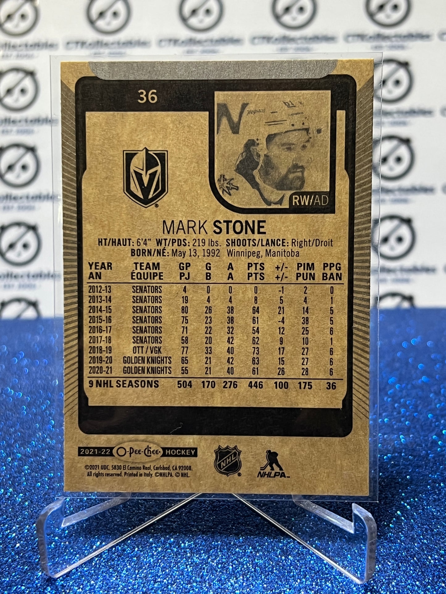 2021-22 O-PEE-CHEE MARK STONE # 36 NHL GOLDEN KNIGHTS HOCKEY CARD
