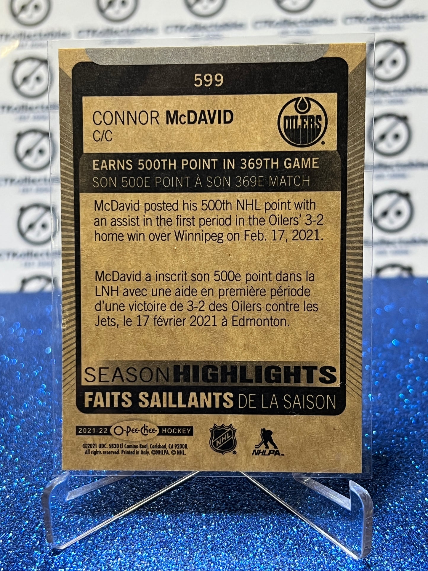 2021-22 O-PEE-CHEE CONNOR McDAVID # 599 SEASON HIGHLIGHTS EDMONTON OILERS NHL HOCKEY CARD